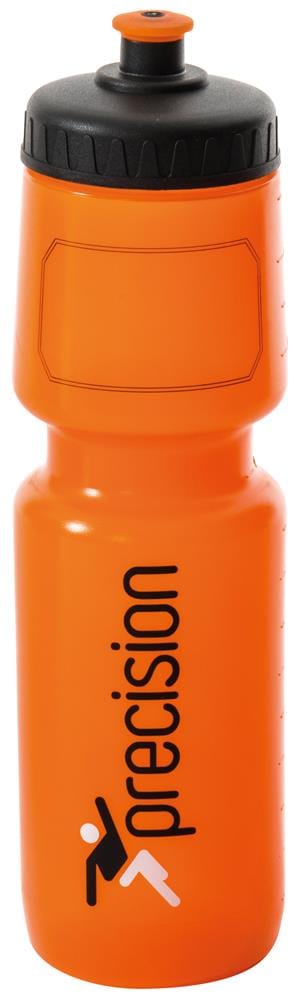 Introducing the Precision 750ml Water Bottle - Orange by Precision: This stylish orange bottle features a generous 750ml capacity and a reliable screw top design. Adorned with "precision" in vertical black letters and a small icon of a soccer ball being kicked, it is an ideal choice for sports enthusiasts.