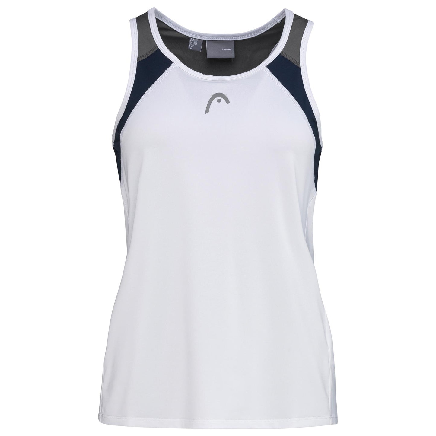 The HEAD Women's Club 22 Badminton Tank Top in white with dark blue accents is a sleeveless design featuring a round neckline. Made by HEAD, it uses lightweight, breathable fabric with Moisture Transfer Microfibre technology to keep you dry. The subtle logo is placed on the upper chest area for a touch of branding.