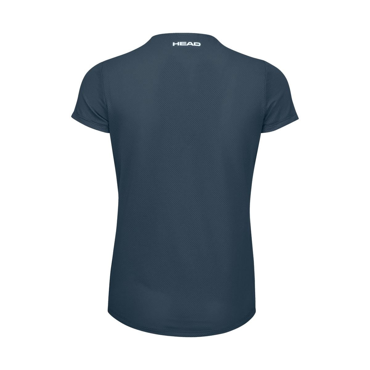 From the back, this navy blue short-sleeved athletic shirt is designed with moisture transfer microfiber for superior breathability. The "HEAD" logo appears in white on the upper back near the neckline, marking it as part of HEAD's premium women's Tie-Break badminton t-shirt collection.