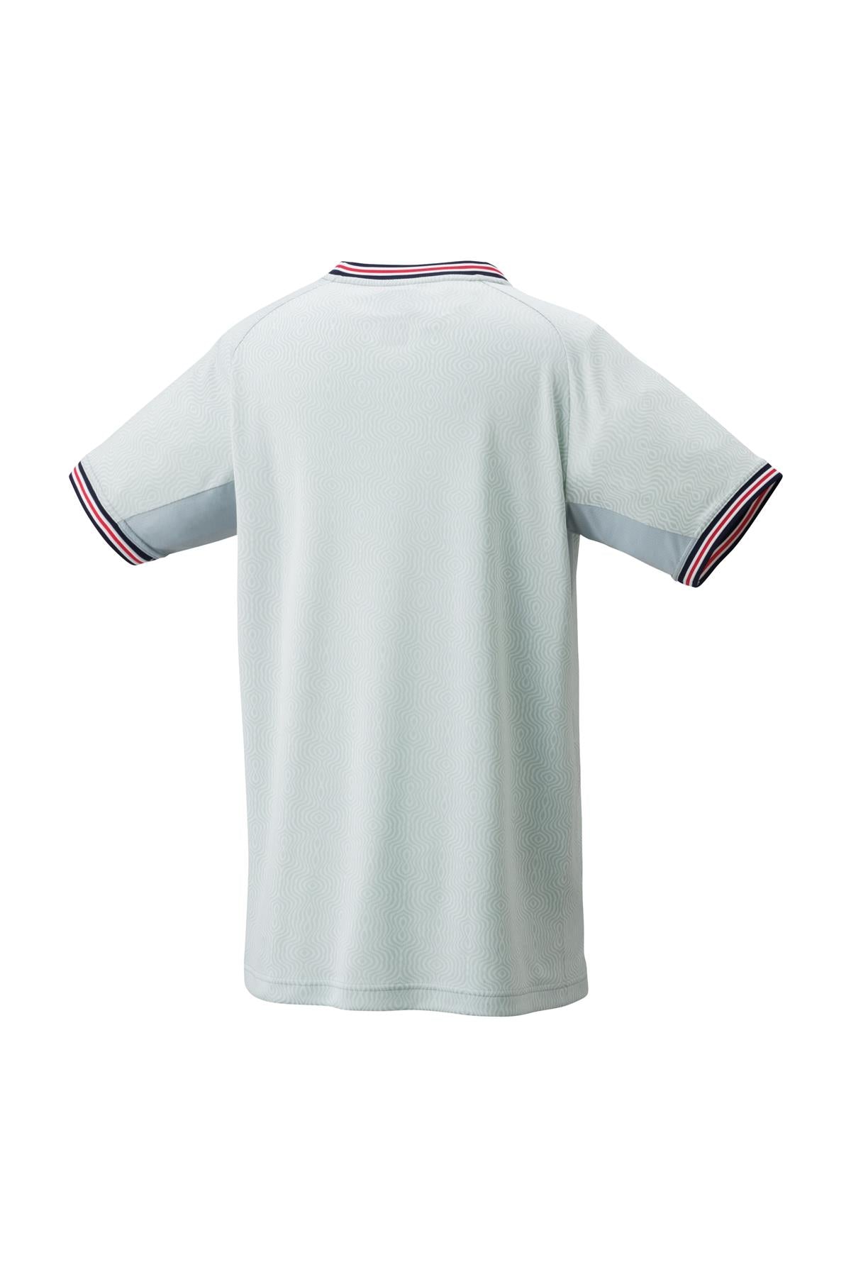 The Yonex 10578 Crew Neck Men's Badminton T-Shirt in Crystal Blue offers a sleek, logo-free style adorned with red, white, and navy striped accents. Its short sleeves and collar incorporate VeryCool technology for UV reduction, combining fashion with functionality.