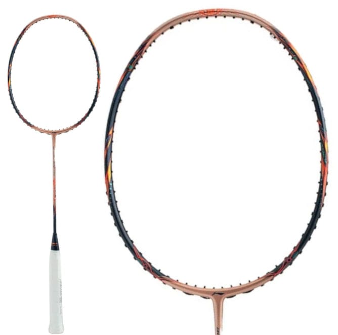 A close-up of the Li-Ning BladeX 900 Sun Max 3U, a professional badminton racket with a thin handle and an oval-shaped head. It showcases a red copper color scheme with intricate designs along the frame, featuring the HDF Shock Absorbing System and a white grip on the handle.