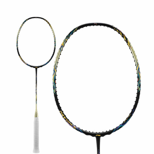 Close-up image of the Li-Ning Axforce 100 badminton racket, ideal for advanced players. It boasts a pale gold frame with vibrant patterns, complemented by its white grip. The strings are not visible, highlighting its sleek design against a plain white background.