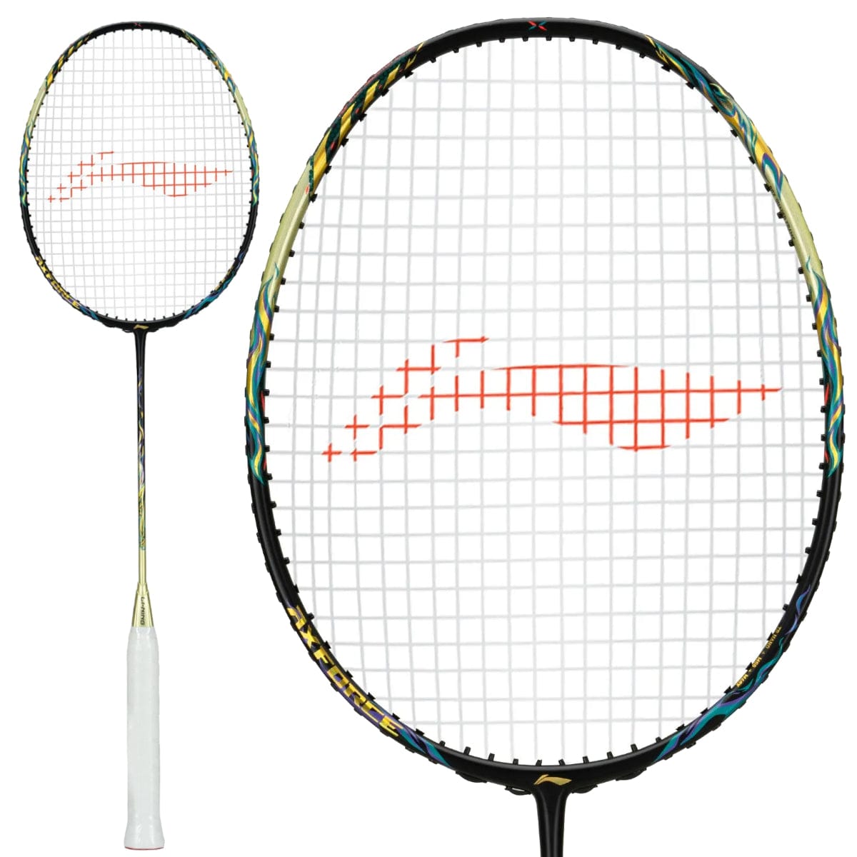 The Li-Ning Axforce 90 Long Max badminton racket in Storm Blue showcases a white grip and features a striking red pattern on the strings. Its dark frame is highlighted with colorful details, offering a close-up view of the advanced technologies incorporated throughout the racket head and extending along its entire length.