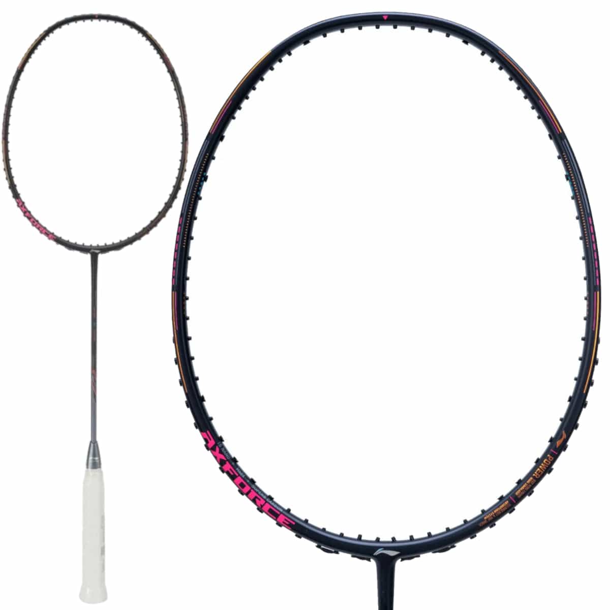 The Li-Ning Axforce 80 4U Badminton Racket, in Black and Metallic Silver, is presented against a plain background. This stylish black racket boasts a white grip and intricate pink and orange detailing on the frame, making it both a high-performance piece and visually captivating.