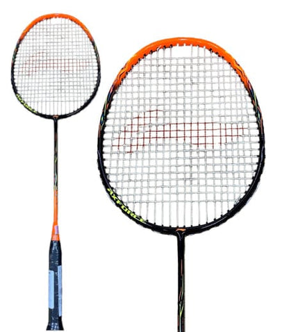 Two Li-Ning Axforce 9 3U Neon True Orange badminton rackets are presented. Both feature a vibrant orange rim and a black handle, with one racket fully visible while only the upper half of the other is shown. The strings are tightly woven in a distinct red pattern. These head-heavy rackets are set against a white backdrop to enhance their features.