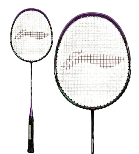 A close-up of the Li-Ning Axforce 9 3U badminton racket - Zircon reveals its elegant purple frame paired with a robust black handle, making it an excellent choice for beginners. The distinctive string pattern is complemented by a snug black grip on the handle. Against a plain white background, the racket's sleek design and meticulous craftsmanship are prominently displayed.