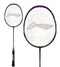 A close-up of the Li-Ning Axforce 9 3U badminton racket - Zircon reveals its elegant purple frame paired with a robust black handle, making it an excellent choice for beginners. The distinctive string pattern is complemented by a snug black grip on the handle. Against a plain white background, the racket's sleek design and meticulous craftsmanship are prominently displayed.