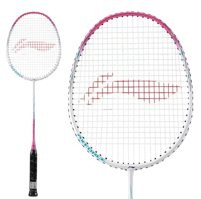 The Li-Ning Axforce 9 3U Badminton Racket in Carmine Rose features a head-heavy design with a white frame and strings, complemented by a pink and blue pattern near the racket's head, and finished with a black grip. A vivid red design adorns the center of the strings against its plain white background.