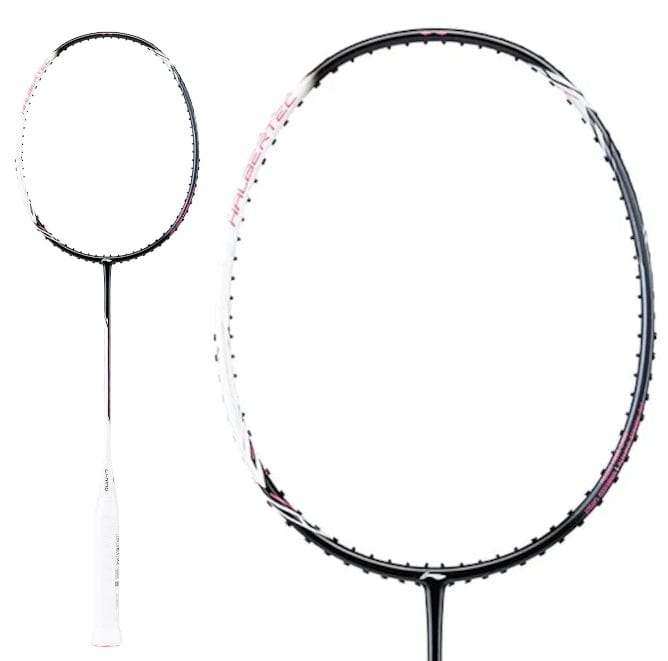 A close-up image highlights the Li-Ning Halbertec 2000 4U Badminton Racket - Cool Ebony, showcasing its black and white frame known for its robust construction. The racket is equipped with a white grip and features subtle pink accents along the frame, while the invisible strings provide an unobstructed view through the center.