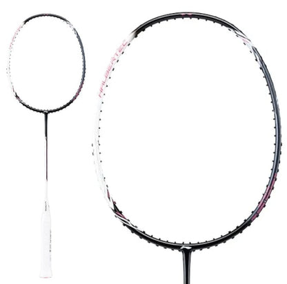 A close-up image highlights the Li-Ning Halbertec 2000 4U Badminton Racket - Cool Ebony, showcasing its black and white frame known for its robust construction. The racket is equipped with a white grip and features subtle pink accents along the frame, while the invisible strings provide an unobstructed view through the center.