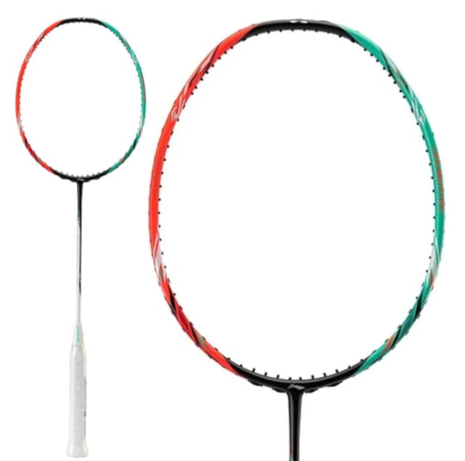 A Li-Ning Halbertec 7000 4U Badminton Racket in Arcadia and Orange Juice colors is showcased. The full-view image, complemented by a smaller side profile, accentuates its sleek design and vibrant hues. Made by Li-Ning with Med Carbon Fibre for enhanced performance.