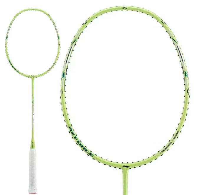 The Li-Ning Axforce Cannon Light 5U Badminton Racket in green is showcased, featuring a lightweight design and a lime green frame with black diagonal strings and a white grip. The plain white background highlights the racket's sleek design and vibrant color.