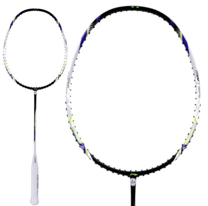 The Li-Ning Halbertec Motor 4U Badminton Racket, featuring a sophisticated white and black frame adorned with striking green and purple accents on the head, is complemented by a comfortable white handle grip. An image showcases the racket in its entirety alongside a detailed close-up of its design, all from the renowned brand Li-Ning at an affordable price.