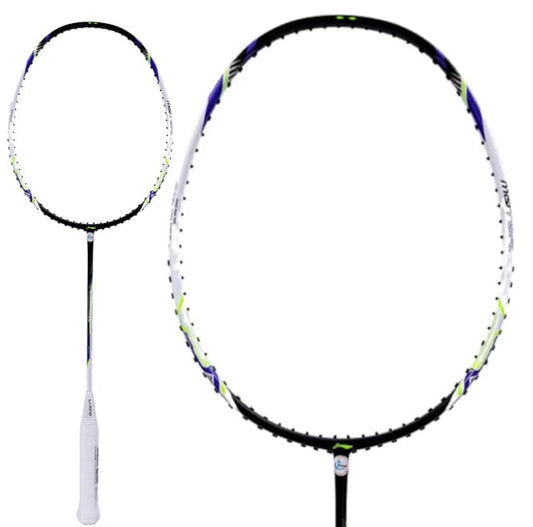 The Li-Ning Halbertec Motor 4U Badminton Racket, featuring a sophisticated white and black frame adorned with striking green and purple accents on the head, is complemented by a comfortable white handle grip. An image showcases the racket in its entirety alongside a detailed close-up of its design, all from the renowned brand Li-Ning at an affordable price.