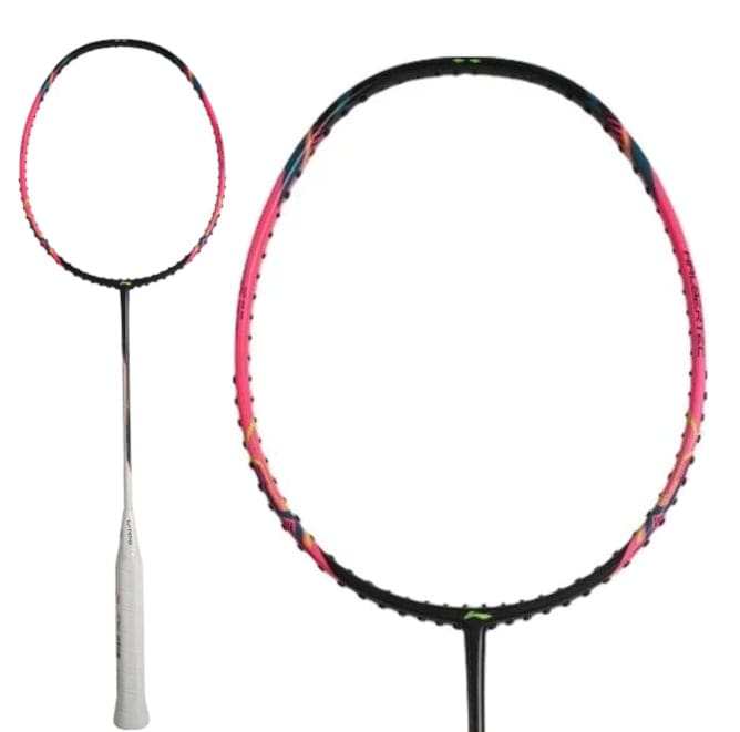 Explore the Li-Ning Halbertec Motor 5U Badminton Racket - Pink, a sophisticated and contemporary racket designed with an eye-catching black, pink, and multicolored frame. Its white handle enhances the chic appearance. Displayed both in full-length and close-up views, this mid-range choice is ideal for players looking for superior quality and performance.