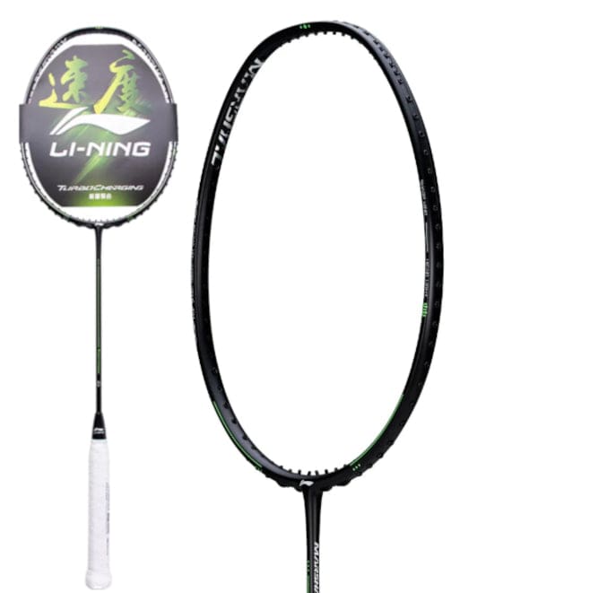 The carefully crafted Li-Ning Turbo Charging Marshal 4U Badminton Racket - Black boasts a stylish black and green frame complemented by a white grip. Prominent "Li-Ning" branding, indicative of its Turbo Charging Marshal series, adorns both the strings and shaft. Additionally, a close-up view showcases the intricate logo and design on the racket head in detail.