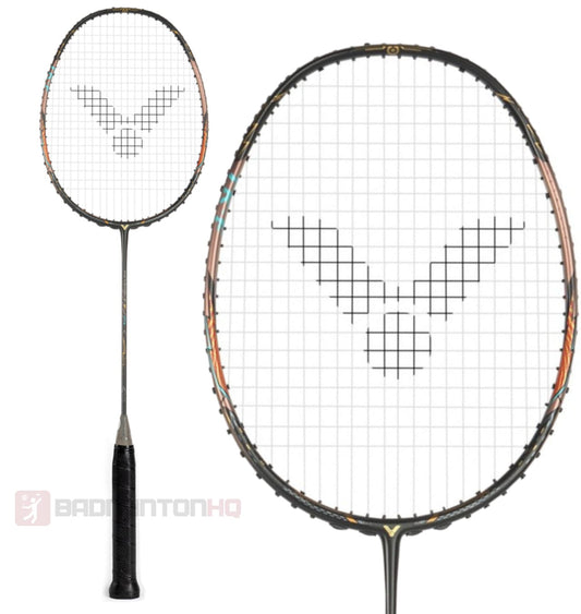 The Victor Thruster F Ultra Badminton Racket - Moonless Night, ideal for aggressive play, showcases a bold black and white string pattern. Set against a white background, the Victor brand's logo is clearly visible on the strings.