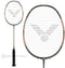 The Victor Thruster F Ultra Badminton Racket - Moonless Night, ideal for aggressive play, showcases a bold black and white string pattern. Set against a white background, the Victor brand's logo is clearly visible on the strings.