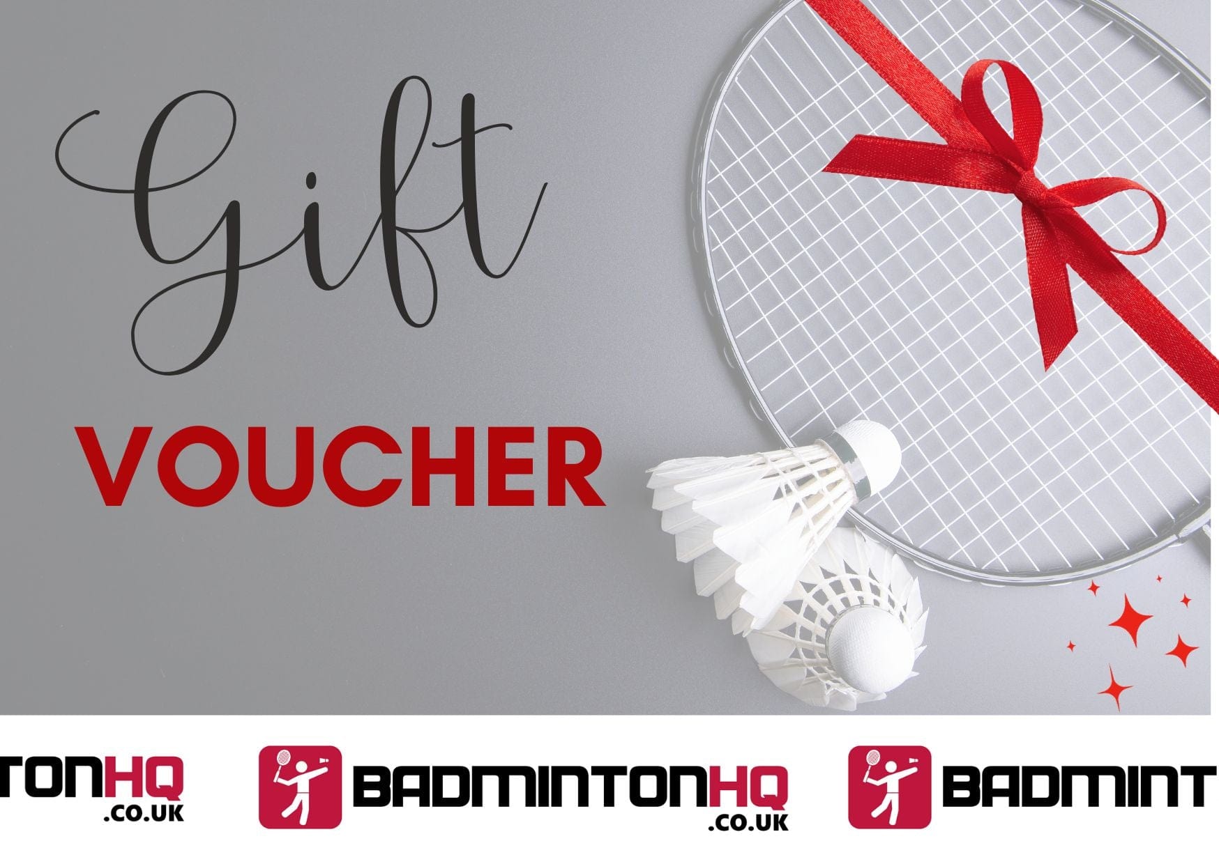 A digital BadmintonHQ Gift Card showcases a racket, two shuttlecocks, and a red ribbon, with "Gift Voucher" displayed in elegant decorative text. The bottom of the card is adorned with the Badminton HQ logo. Select any amount from £50 to £500!