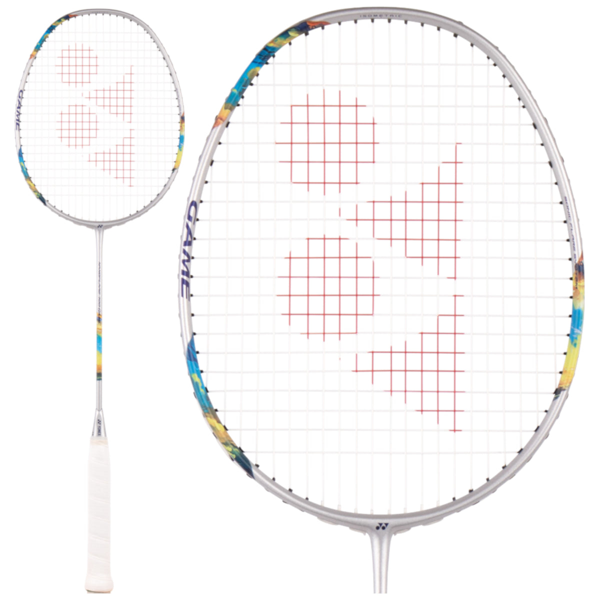 The Yonex Nanoflare 700 Game 4U badminton racket is ideal for intermediate players, featuring a silver and sky blue frame with vibrant accents and stunning red geometric designs that enhance the string pattern.