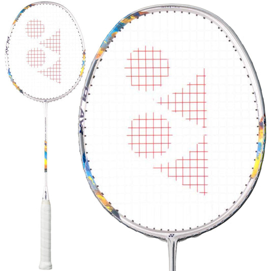 The Yonex Nanoflare 700 Play 4U badminton racket, featuring a silver frame with striking sky blue accents, is an excellent choice for beginner players. Its strings form a distinctive triangular pattern on the head, complemented by a handle wrapped in immaculate white grip tape. The racket is showcased from two different angles.