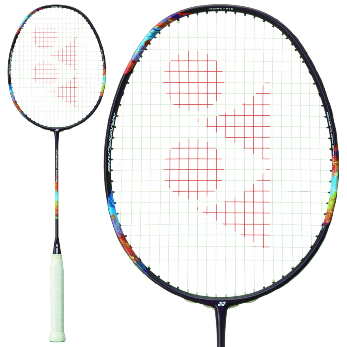 The Yonex Nanoflare 700 Pro 5U badminton racket in Midnight Purple, perfect for advanced players, features a white grip and a multicolored frame. The string bed displays a red triangular logo pattern. On the right, there is a close-up of the racket head, while the full view including the handle is on the left.