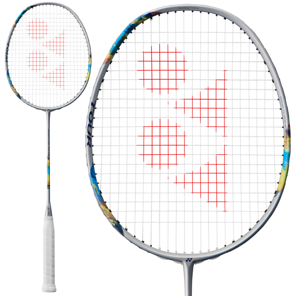 The Yonex Nanoflare 700 Tour 4U badminton racket, crafted for advanced players, features a sleek silver frame complemented by sky blue accents. Displayed from two angles, the grip is neatly wrapped in white tape.