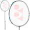 The Yonex Nanoflare 700 Tour 4U badminton racket, crafted for advanced players, features a sleek silver frame complemented by sky blue accents. Displayed from two angles, the grip is neatly wrapped in white tape.