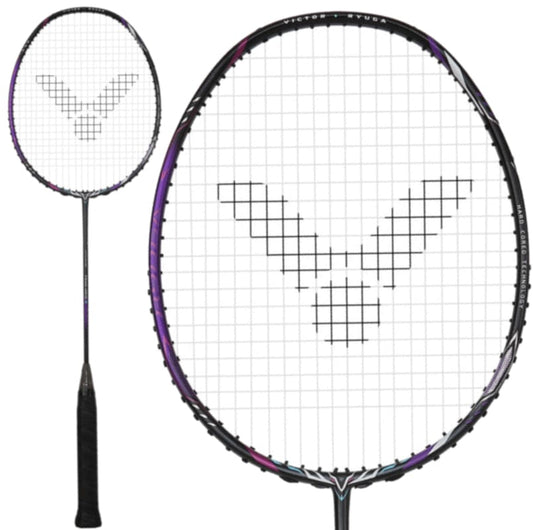 Close-up of the Victor Thruster Ryuga II Pro 3U badminton racket in Mazarine Blue, featuring a black handle and purple accents. The racket showcases a bird logo pattern on the strings and Hard Cored Technology, displayed in full view and an enlarged head view.