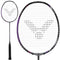 Close-up of the Victor Thruster Ryuga II Pro 3U badminton racket in Mazarine Blue, featuring a black handle and purple accents. The racket showcases a bird logo pattern on the strings and Hard Cored Technology, displayed in full view and an enlarged head view.