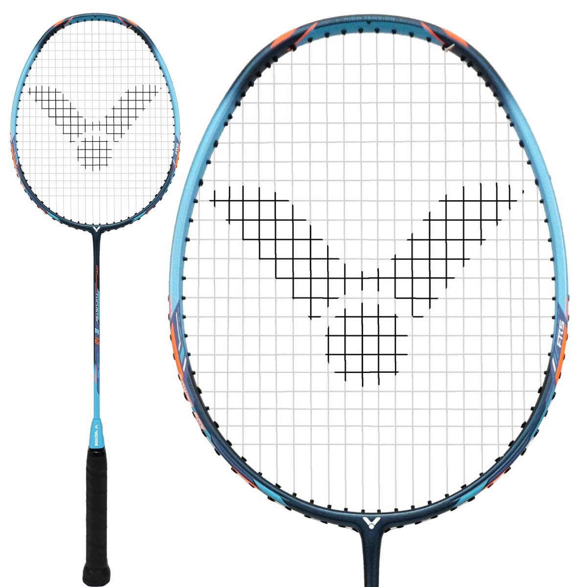 A close-up image of the Victor Thruster K 12 M Badminton Racket - Blue Orange showcases a blue frame with orange accents, embellished with black strings and black grip tape. The racket prominently displays the Power Box System logo, which resembles a 'Y' within an oval shape, and is crafted with a head-heavy balance perfect for enhancing performance.