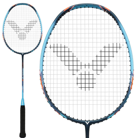 A close-up image of the Victor Thruster K 12 M Badminton Racket - Blue Orange showcases a blue frame with orange accents, embellished with black strings and black grip tape. The racket prominently displays the Power Box System logo, which resembles a 'Y' within an oval shape, and is crafted with a head-heavy balance perfect for enhancing performance.