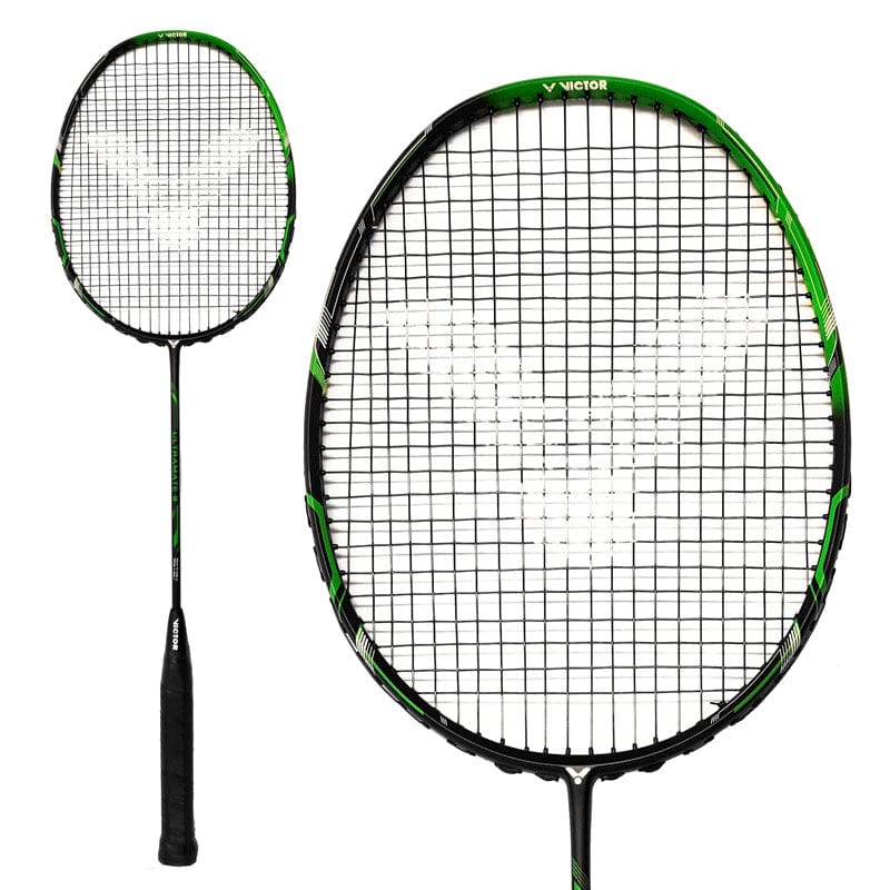 The Victor Ultramate 7 Graphite Badminton Racket in green and black has strings arranged in a distinctive "V" pattern. Its handle includes a black grip, and the graphite frame features the brand's text at the top. The images include both a full view of the racket and a close-up of its head, emphasizing its appeal as an entry-level option.