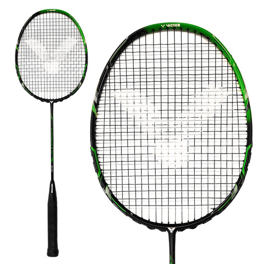 The Victor Ultramate 7 Graphite Badminton Racket in green and black has strings arranged in a distinctive "V" pattern. Its handle includes a black grip, and the graphite frame features the brand's text at the top. The images include both a full view of the racket and a close-up of its head, emphasizing its appeal as an entry-level option.