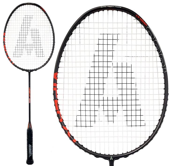 The Ashaway Viper XT 1600 Badminton Racket in Black Orange features a black frame highlighted with red accents and a white mesh, with the string pattern creating the letter "A" at its center. Equipped with Viper Weave technology, the handle is designed in black with white text, ensuring precision and agility on the court.