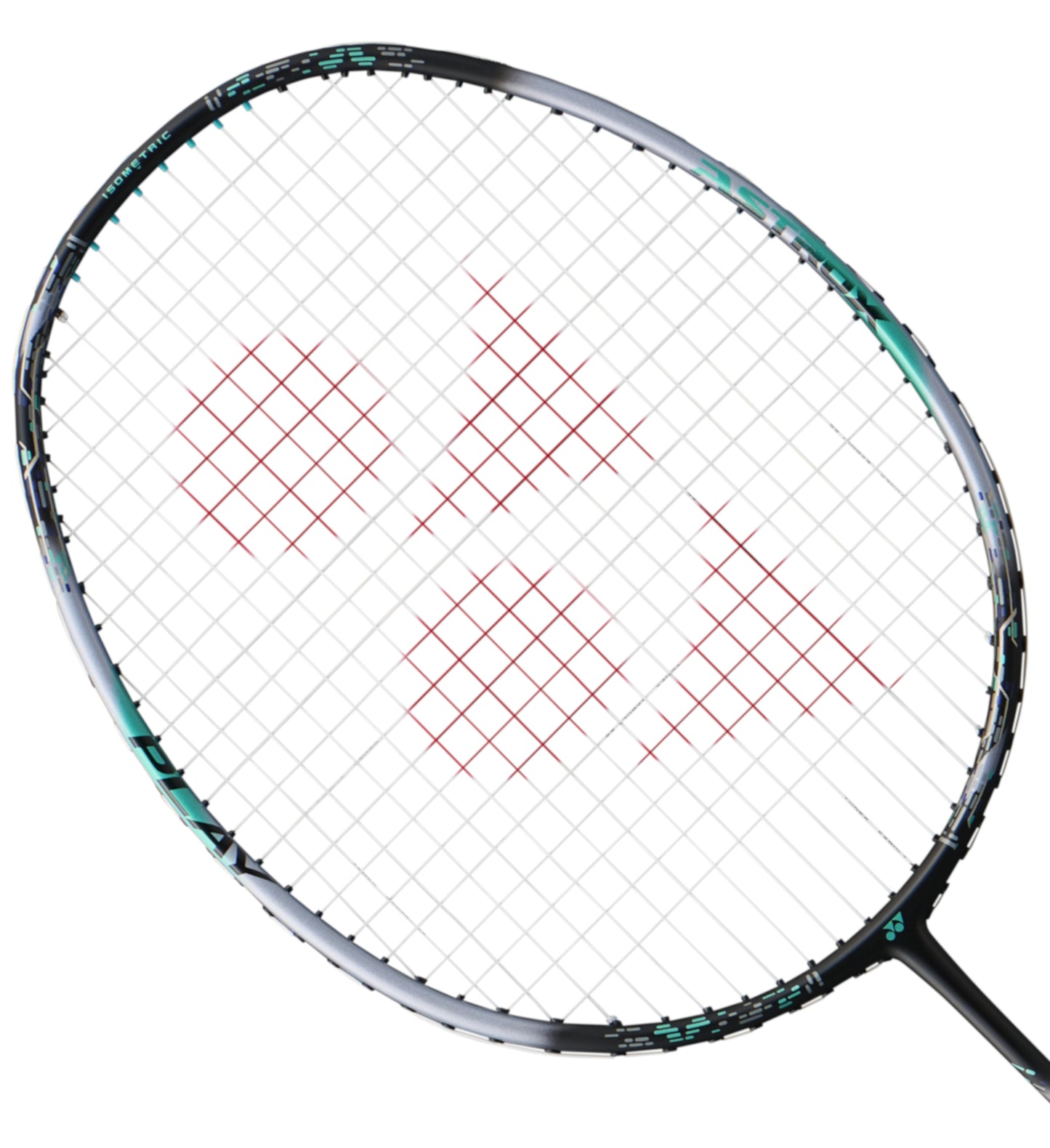 A close-up of a Yonex Astrox 88 Play 4U Gen 3 2024 badminton racket's head highlights its red strings and impressive ISOMETRIC design, with the frame showcasing a gleaming silver finish complemented by sleek black accents.