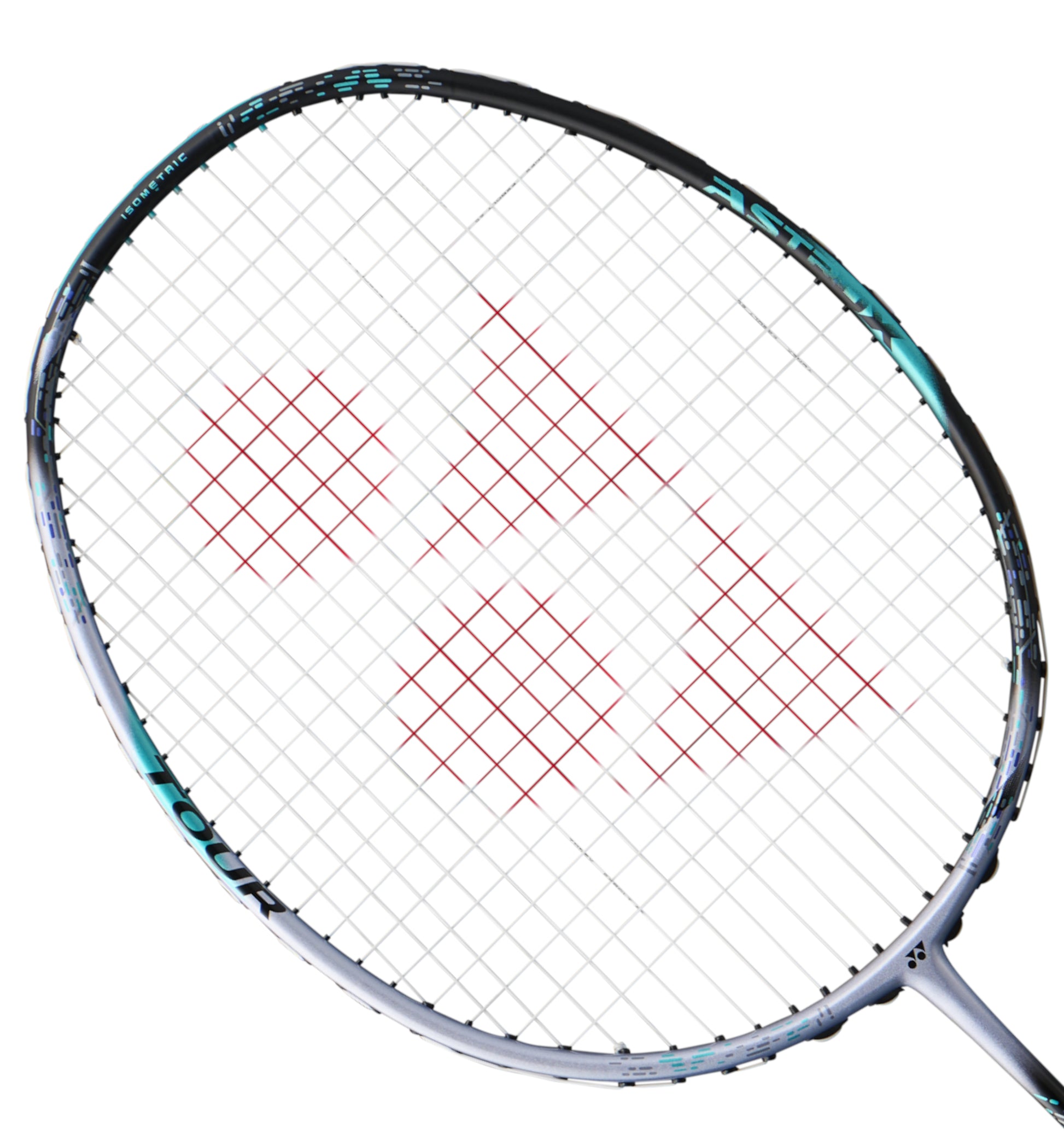 Close-up of a Yonex Astrox 88S Tour 3U Gen 3 2024 badminton racket head, highlighting its sleek silver and black frame with a striking pattern of red strings forming two triangles and a circle. Ideal for aggressive doubles play, this racket stands out against the white background.