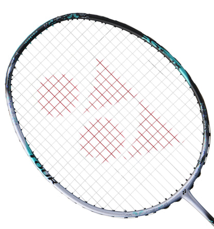 Close-up of a Yonex Astrox 88S Tour 3U Gen 3 2024 badminton racket head, highlighting its sleek silver and black frame with a striking pattern of red strings forming two triangles and a circle. Ideal for aggressive doubles play, this racket stands out against the white background.