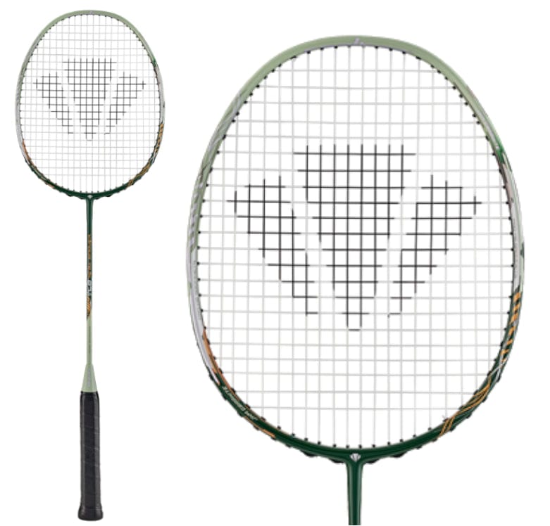 A close-up of the Carlton Vapour Trail 87S Badminton Racket in green, featuring a sleek design made from Japanese High Modulus Graphite and equipped with a black grip. The string pattern showcases a stylized triangular logo. The racket is displayed in two perspectives: a full view and an enlarged head view, highlighting its manoeuvrability and control on the court.