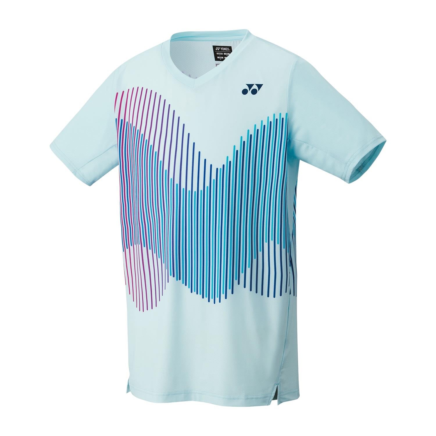 Introducing the Yonex 10562 Crew Neck Men's Badminton T-Shirt in Crystal Blue, showcasing a stylish graphic design. Equipped with Yonex's VeryCool technology, this shirt guarantees UV reduction to keep you cool and protected, whether you're on or off the court.