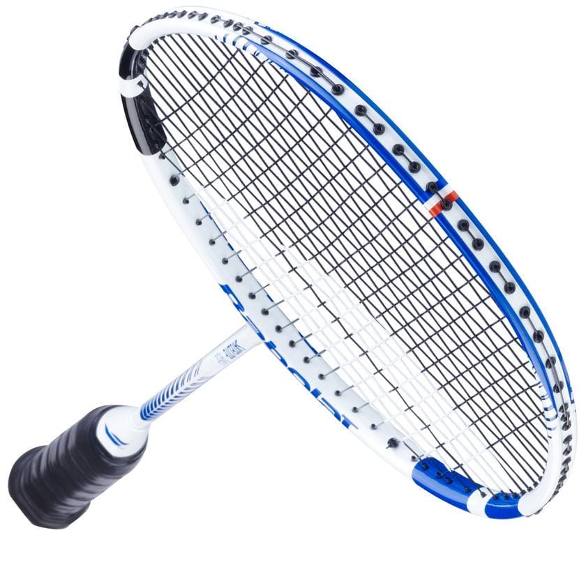 A close-up of the Babolat Satelite Rise Badminton Racket - Blue / White by Babolat showcases its blue and white frame, black strings, and black grip. Designed with a head light balance for increased agility, the racket is positioned diagonally against a white background.