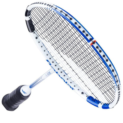 A close-up of the Babolat Satelite Rise Badminton Racket - Blue / White by Babolat showcases its blue and white frame, black strings, and black grip. Designed with a head light balance for increased agility, the racket is positioned diagonally against a white background.