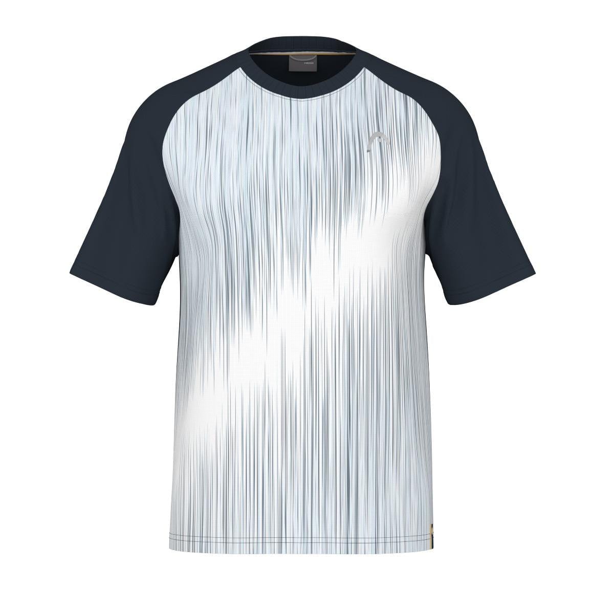 Introducing the HEAD Performance Men's Badminton T-Shirt - XPNV, engineered for high performance on the court. This stylish t-shirt showcases a white vertical gradient design on the front, accented by solid black sleeves and collar. Constructed with advanced Moisture Transfer Microfibre technology, it guarantees optimal comfort throughout your game. Photographed against a plain white background, this t-shirt is both functional and aesthetically appealing.