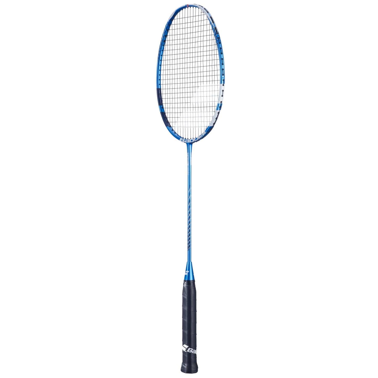 The Babolat Satelite Spire Badminton Racket in blue, crafted by Babolat, features a blue frame with white accents. It includes a netted oval head, a slim shaft, and Shot Optimizer technology to enhance performance. The racket's black handle comes with a textured grip for improved handling.