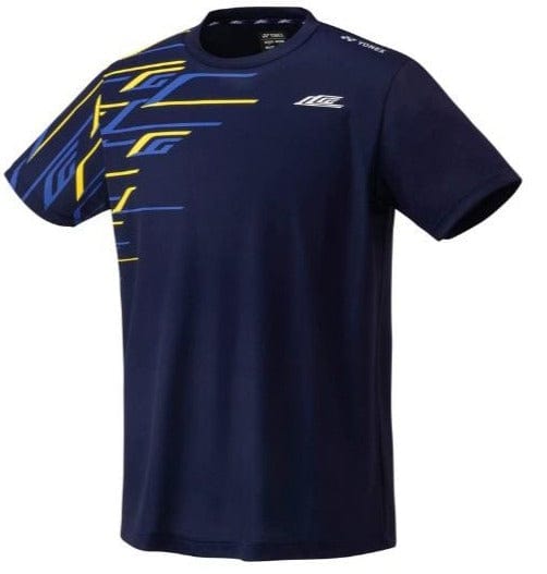 The Yonex 16737EX Lee Chong Wei LCW Badminton T-Shirt in navy blue showcases abstract yellow and blue geometric patterns on the front. Designed with high-performance features, it includes short sleeves, a round neckline, and a small white logo near the top right shoulder.