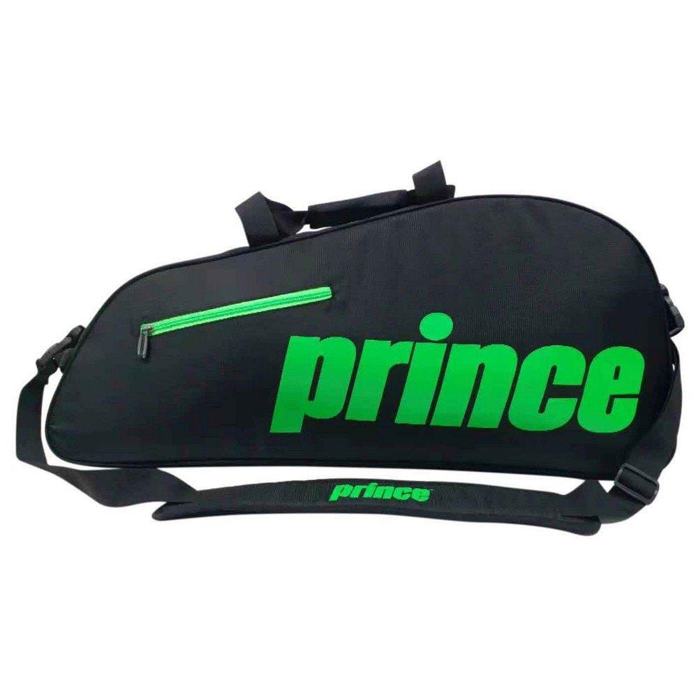 Introducing the Prince Thermo 3 Racket Bag in black and green, complete with an adjustable shoulder strap and prominently displaying "Prince" in large green letters. This bag also features a convenient side pocket with a green zipper, ideal for storing tennis accessories.