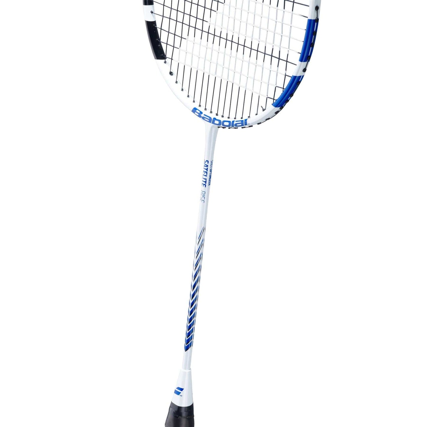 The Babolat Satelite Rise Badminton Racket - Blue / White showcases a head light design for quick maneuverability and is elegantly presented against a white background. The black strings and handle enhance the visibility of the Babolat brand name on the shaft.