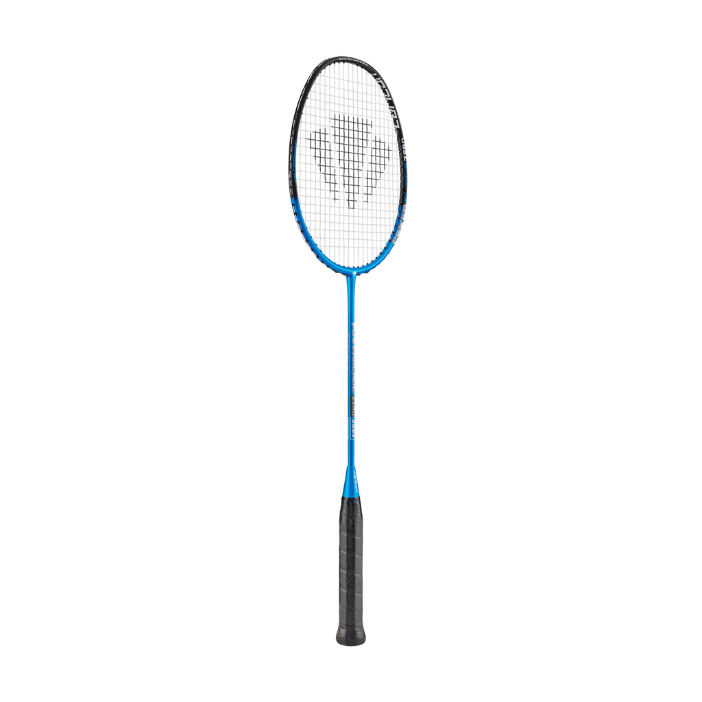 Introducing the Carlton Powerblade Zero 300S Badminton Racket in blue and black: expertly crafted with Japanese High Modulus Graphite for superior durability. Its XTREME Tension Frame provides exceptional control, while the slim shaft and patterned strings featuring a centered logo are designed to enhance play for serious competitors.