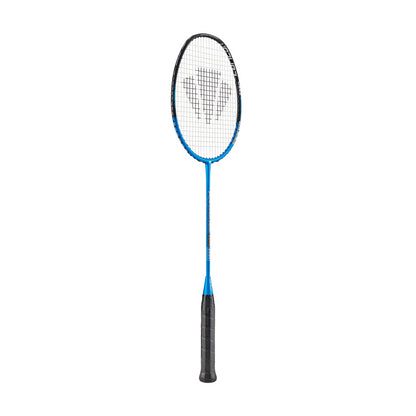 Introducing the Carlton Powerblade Zero 300S Badminton Racket in blue and black: expertly crafted with Japanese High Modulus Graphite for superior durability. Its XTREME Tension Frame provides exceptional control, while the slim shaft and patterned strings featuring a centered logo are designed to enhance play for serious competitors.