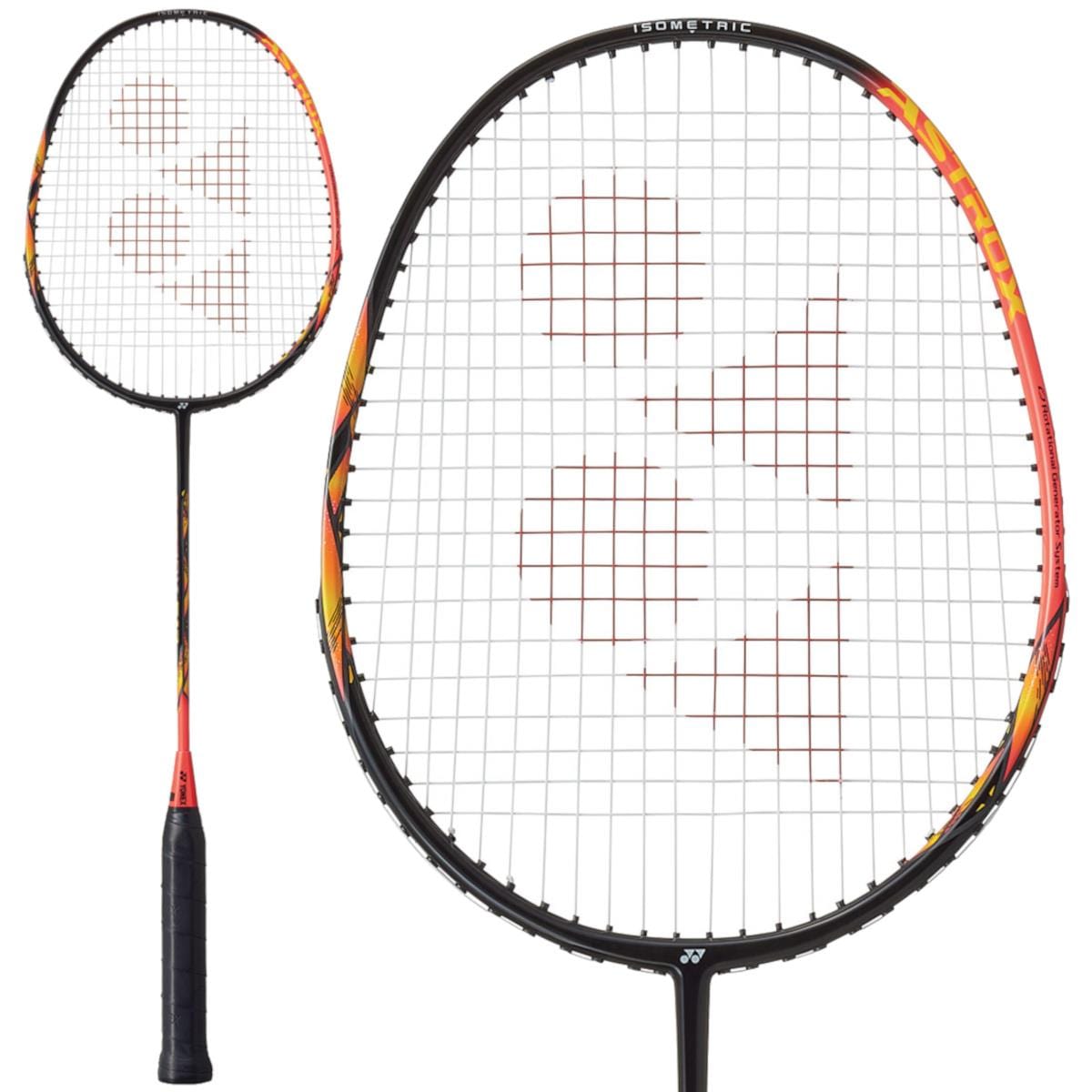 The Yonex Astrox E13 badminton racket features a stylish black handle paired with a bright red and yellow isometric head design, with the Yonex logo prominently displayed on the strings to boost performance.